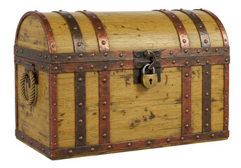 Wooden treasure chest with metal accents isolated, vintage trunk with lock for storage and decoration