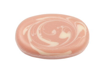Round pink and white marbled soap isolated on transparent background, hygiene product for personal care and aromatherapy