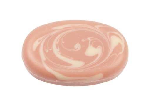 Round pink and white marbled soap isolated on transparent background, hygiene product for personal care and aromatherapy