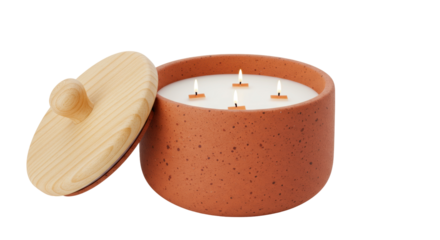 Terracotta candle with wooden lid isolated on white, aromatic home decor for relaxation and ambiance