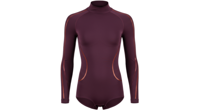 Elegant plum-colored bodysuit PNG isolated on transparent background, long-sleeved apparel for fashion and athletic wear