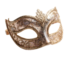 Elegant Venetian mask with gold glitter details on a black background.