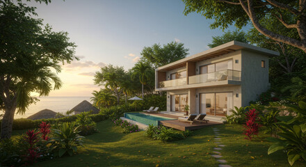 Luxurious Tropical Beach House With Infinity Pool and Ocean View at Golden Hour