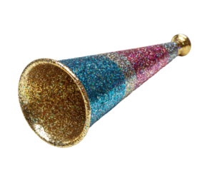 Glittery party horn on a black background