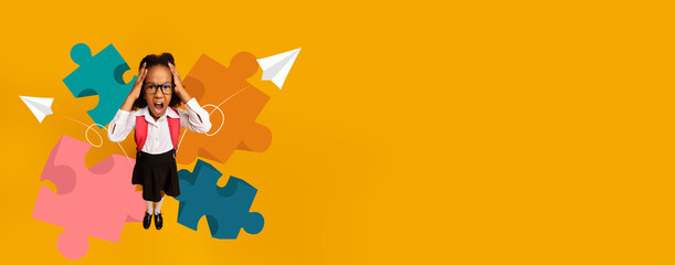 A young child is expressing frustration in a school setting. She holds her head and looks surprised, while colorful puzzle pieces float around her.