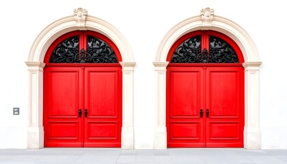 Two symmetrical red arched doors on a white building