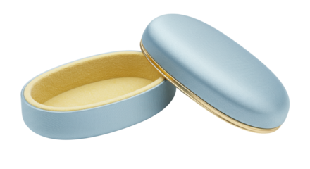 Light blue oval jewelry box with gold trim isolated on transparent background, elegant container for precious items
