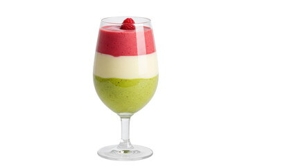 Layered smoothie in glass isolated, healthy drink with raspberry, kiwi and cream on transparent background, refreshing beverage