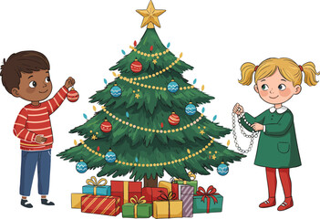 Children decorating a Christmas tree with ornaments and gifts Keywords: boy, girl, child, children