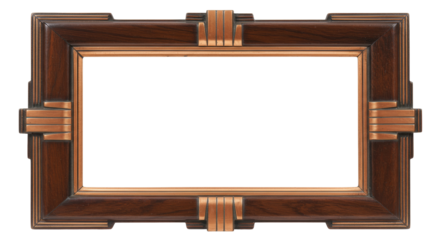 Art Deco picture frame isolated on transparent background, vintage dark wood and copper frame for artwork and photography display