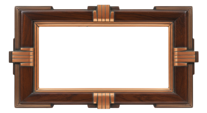 Art Deco picture frame isolated on transparent background, vintage dark wood and copper frame for artwork and photography display