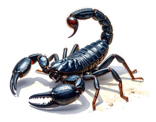 Detailed Illustration of a Black Scorpion on a White Background with Watercolor Techniques
