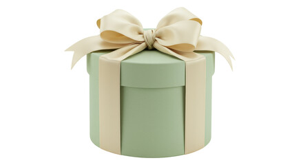 Mint green round gift box with cream ribbon and bow isolated, present for birthday or special occasion