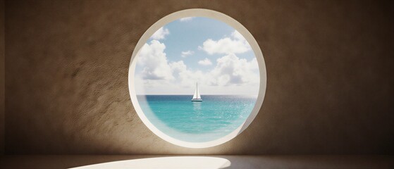 round doorway offering a glimpse of a tranquil tropical ocean and bright azure sky | travel, architecture, minimalism, fantasy, design theme