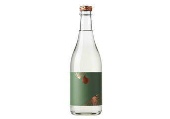 Elegant glass bottle of water isolated, with green label and copper details, refreshing drink for healthy lifestyle