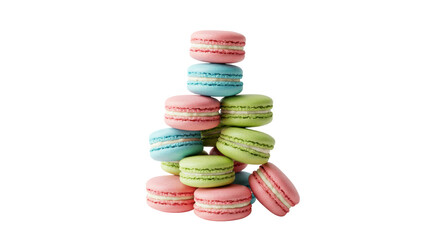 Colorful macarons stacked isolated on transparent background, assorted pastel cookies for dessert and confectionery use