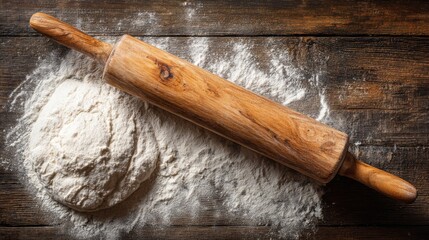 A wooden rolling pin rests on a flour-covered countertop next to a mound of dough, indicating preparation for baking bread in a cozy kitchen setting.