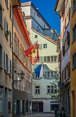 Historic old town street with traditional architecture in Zurich, Switzerland
