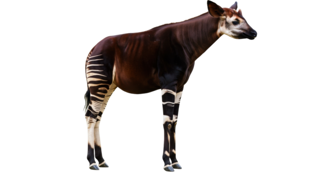 Okapi standing isolated PNG, forest giraffe with zebra stripes on legs on transparent background, African wildlife