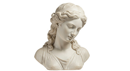 Marble bust of a woman isolated on transparent background, classical sculpture of a female figure with flowing hair and draped clothing