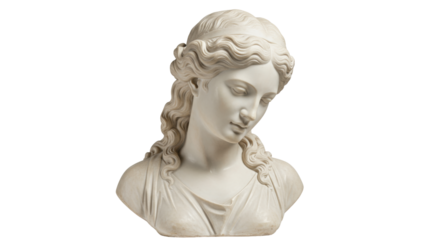 Marble bust of a woman isolated on transparent background, classical sculpture of a female figure with flowing hair and draped clothing