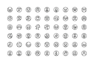 Vector art of collection of diverse handdrawn circular icons representing various human faces and expressions