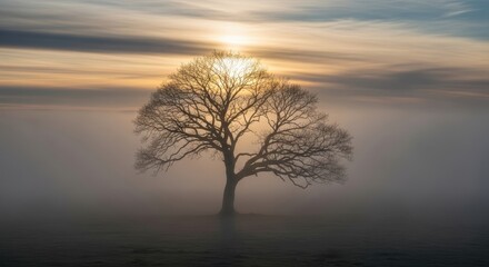 Fototapeta premium Bare tree silhouette against dramatic sunrise in misty landscape