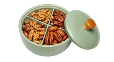 Assorted nuts in a green ceramic bowl with lid isolated, walnuts, pecans, almonds, and glazed nuts for healthy snacking