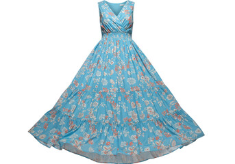 Elegant floral maxi dress isolated on transparent background, light blue summer dress with orange and white flowers for fashion design