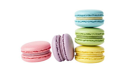 Colorful macarons isolated on white, stack of pastel cookies in blue, green, yellow, pink and purple for dessert and confectionery