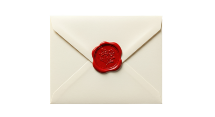 Sealed ivory envelope with red wax seal isolated on transparent PNG, vintage correspondence for invitations and special announcements