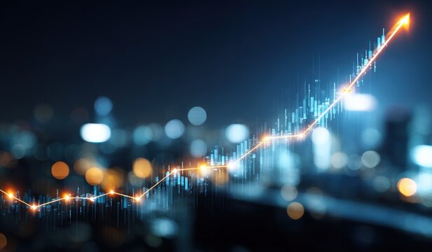 A dynamic financial chart showcases upward growth against a backdrop of a cityscape at night.
