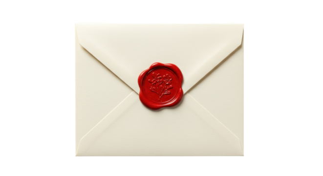 Sealed ivory envelope with red wax seal isolated on transparent PNG, vintage correspondence for invitations and special announcements