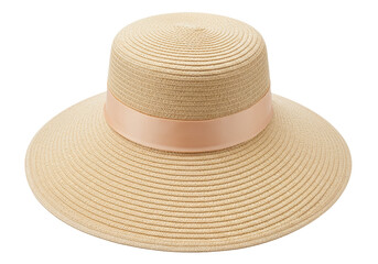 Elegant straw sun hat with peach ribbon isolated on transparent background, summer fashion accessory for sun protection