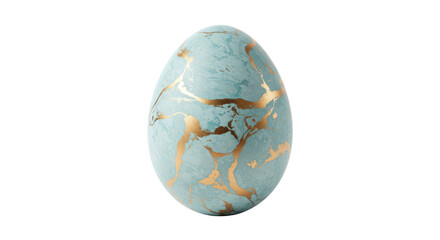 Elegant light blue Easter egg with gold veins isolated on transparent background, decorative spring holiday object in PNG format