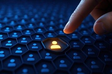 Finger pressing glowing hr employee recruitment icon button 
