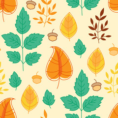 Seamless pattern of cartoon autumn leaves and acorns on a light yellow background
