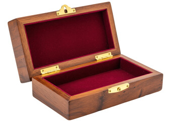Open wooden jewelry box with red velvet lining isolated, vintage storage container for precious items and keepsakes