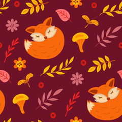 Seamless pattern of cartoon foxes mushrooms and autumn leaves