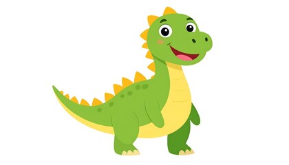 A cheerful cartoon dinosaur, vibrant green with yellow accents, faces the viewer with an open-mouthed smile.