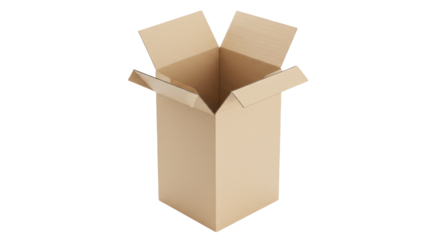 Open tall cardboard box isolated on white, brown container for shipping and storage