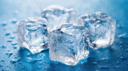 Ice cubes rest on a smooth blue surface, melting and forming small droplets of water around them as light reflects off their transparent surfaces in a cool environment.