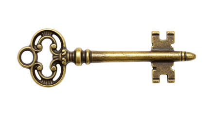 Antique brass key isolated on transparent background, vintage ornate skeleton key for decoration and design use