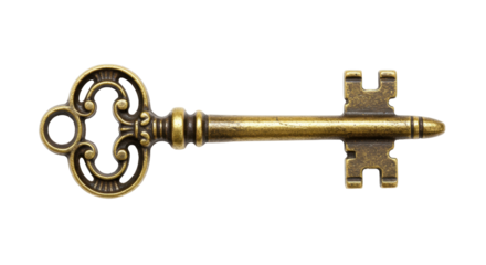 Antique brass key isolated on transparent background, vintage ornate skeleton key for decoration and design use
