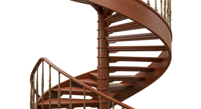 Wooden spiral staircase isolated on white, interior design element for architecture and construction projects in PNG format