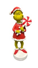 Green holiday figurine wearing a Santa hat and holding a red and white candy cane. Festive ornament on white background, ideal for Christmas projects and winter celebrations.