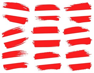 A collection of vibrant red paintbrush strokes, forming horizontal rectangular shapes against a pure white background.