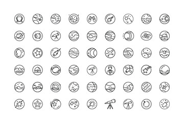 Vector art of set of handdrawn black and space and astronomy icons, isolated a, depicting planets, stars, galaxies, and telescopes
