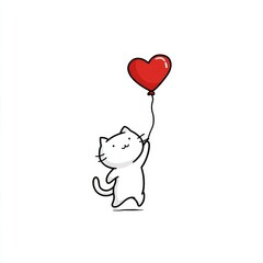 Minimalistic illustration of playful white kitten with red heart balloon evokes themes of love, affection, innocence, and pet-themed celebrations