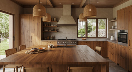 Spacious Modern Rustic Kitchen With Natural Wood Island, Woven Pendant Lights, and Garden View